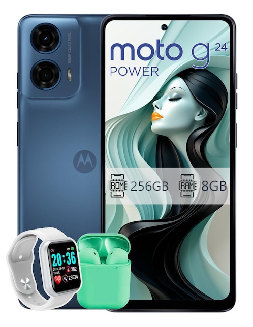 Motorola Moto G24 Power LCD 6.6 pulgadas desbloqueado + smartwatch + audífonos inalámbricos Azul medio 256 GB