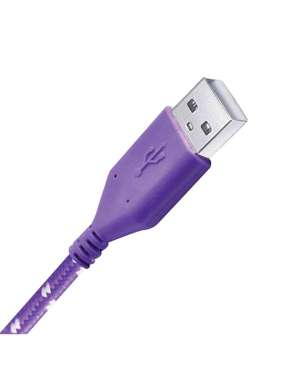 Mitzu® Cable USB a micro USB tipo agujeta con clip organizador, morado
